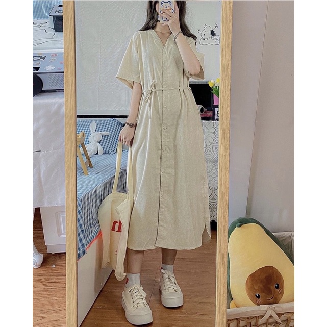 Váy suông cổ V kèm dây cột