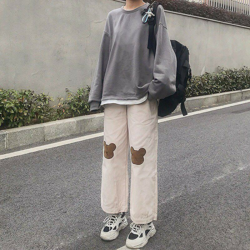Quần ống suông Kaki thêu Gấu form unisex (Ảnh thật)