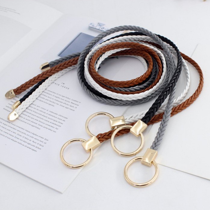 Thắt lưng da PU dây bện khóa tròn, dây lưng da phong cách thời trang retro