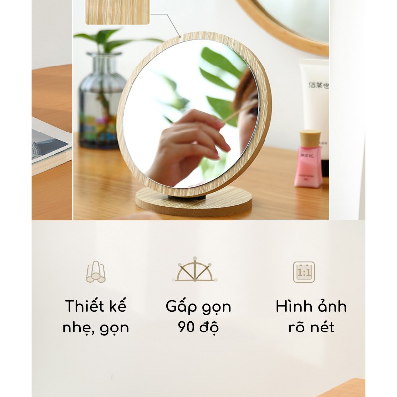 Gương Để Bàn , Gương Gỗ Dáng Tròn Trang Điểm Vintage