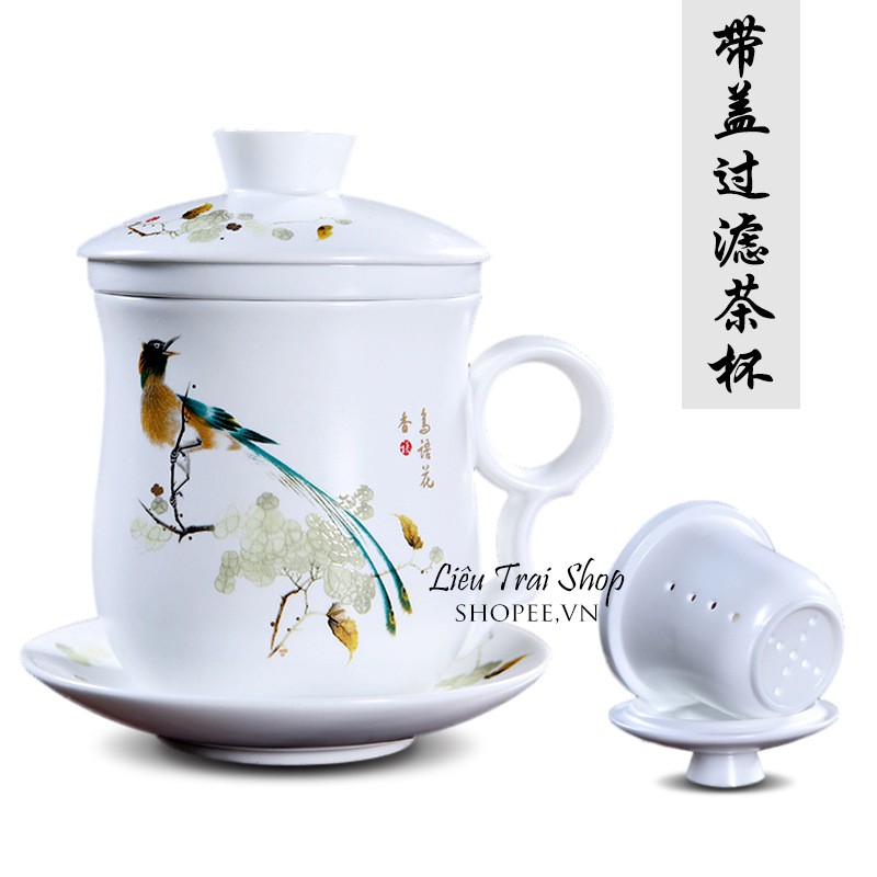 Ly cốc pha trà sứ 4 mảnh có nắp 350ml