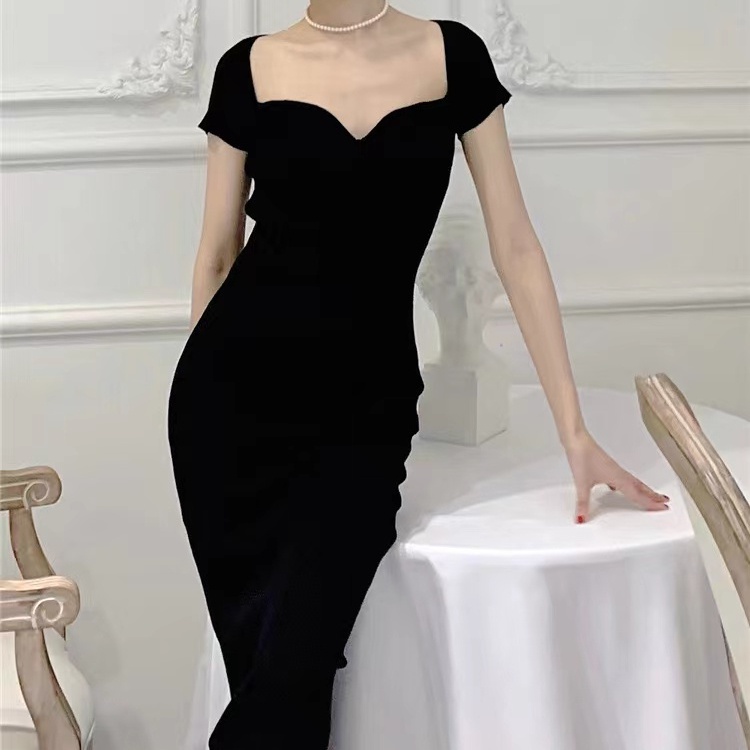 Đầm SUXI dệt kim tay ngắn màu trơn thời trang xuân hè dành cho nữ