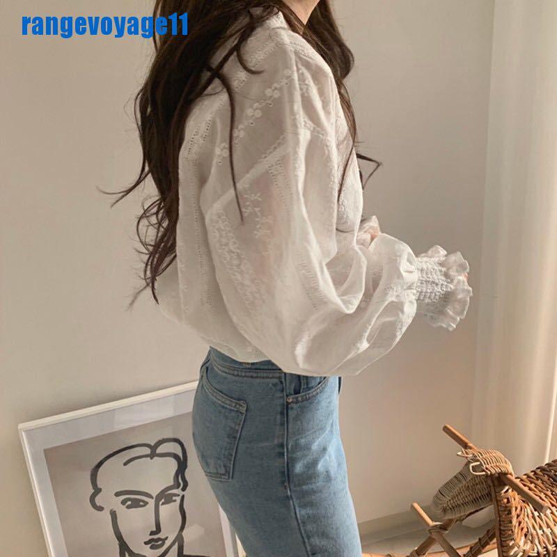 [range11] Women Blouse Puff Sleeved White Lace Long Sleeve Shirt Casual Loose Ruffle Tops [vn]