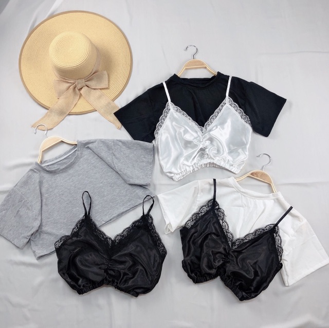 Sét áo phi bóng rút ngực phối áo thun croptop cotton - A0U