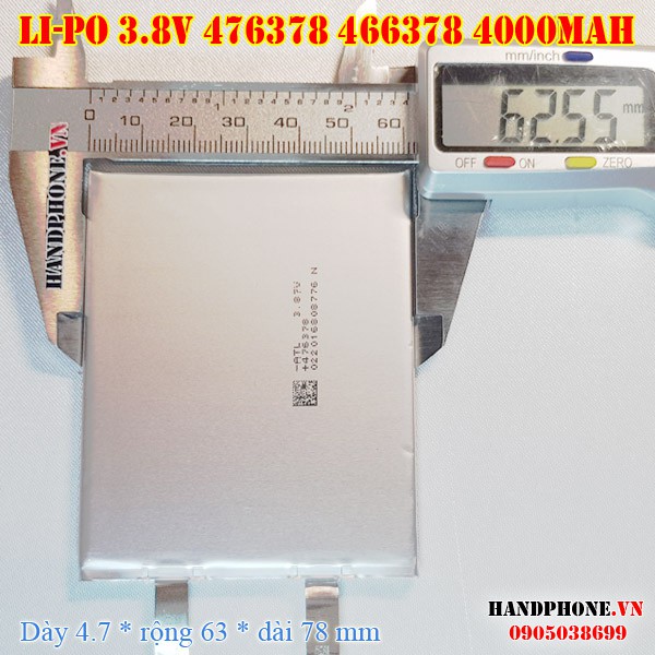 Pin Li-Po 3.8V 4000mAh 476378 466378 (Lithium Polymer) cho Laptop, điện thoại, loa Bluetooth, định vị GPS