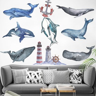 [Hàng đẹp] Decal dán tường mẫu 8 cá voi biển cùng chi tiết trụ hải đăng chỉ đường biển, tranh trang trí tường cho bé