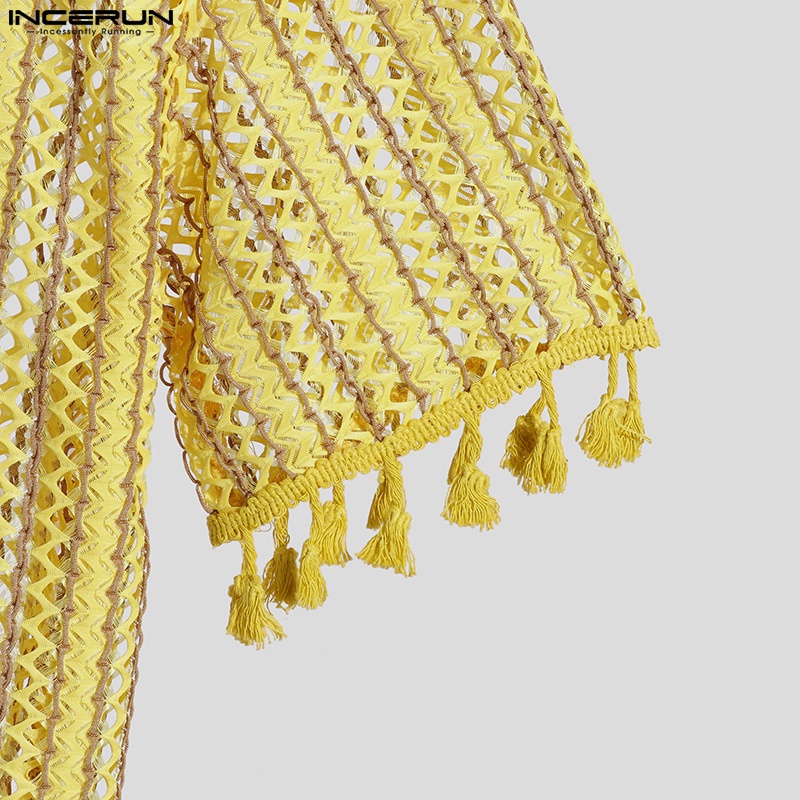 INCERUN Áo Ba Lỗ Trong Suốt Kẻ Sọc Dáng Rộng Phối Tua Rua Phong Cách Retro Dành Cho Nam Giới