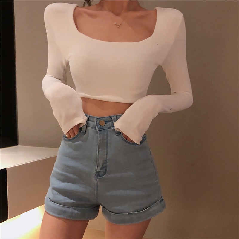 Quần soóc jeans cạp cao co giãn xắn gấu