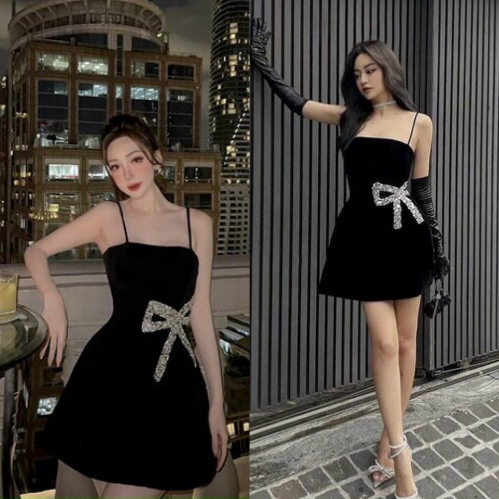 Đầm xòe 2 dây eo đính nơ thời trang nữ thiết kế năng động trẻ trung duyên dáng