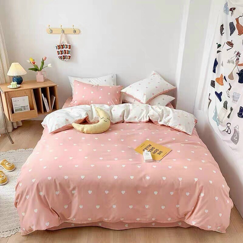 Bộ chăn ga gối tim trắng chất liệu cotton polly cao cấp hoại tiết tim kute đủ size miễn phí bo chun