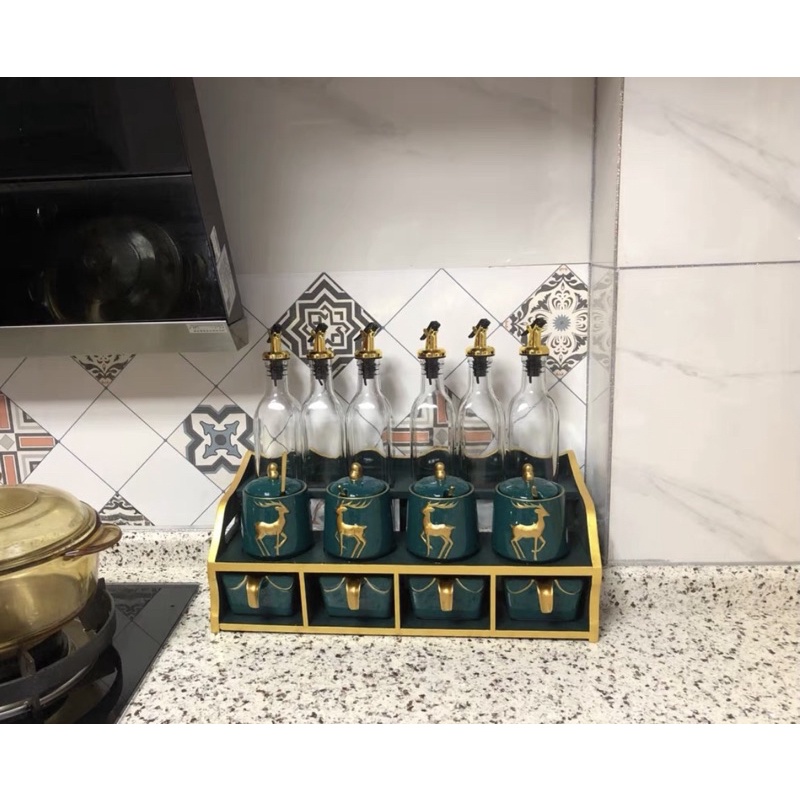 Bộ Gia Vị Hũ Hình Hươu Viền Vàng Hàng Cao Cấp