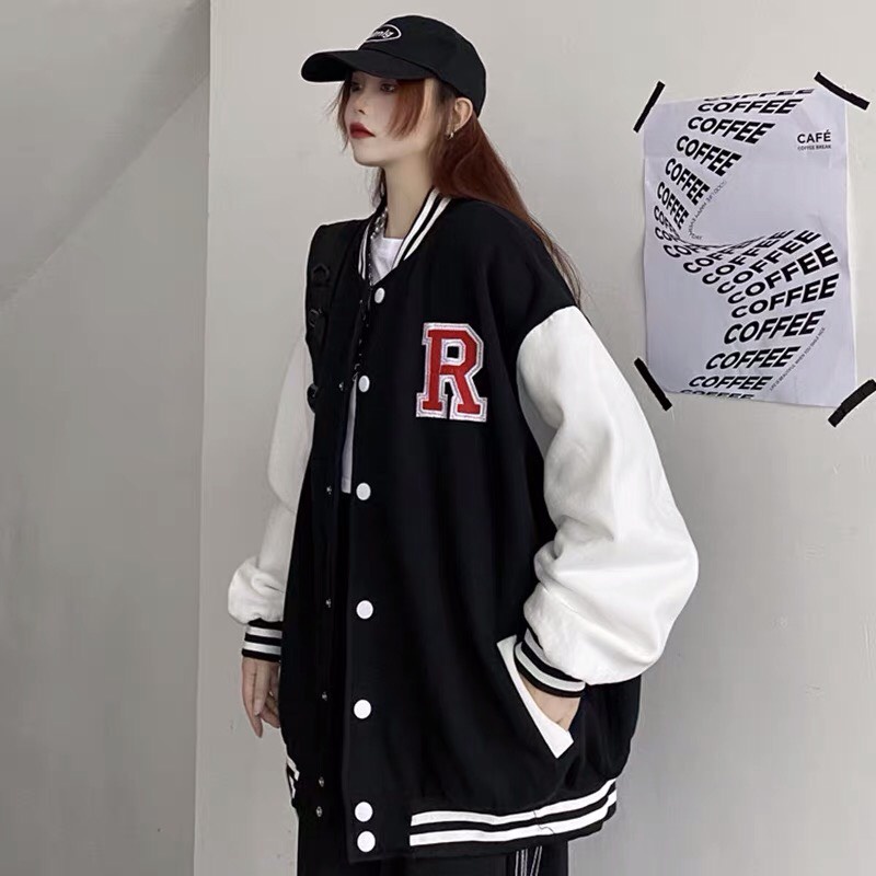 Áo Bomber nữ 𝗙𝗥𝗘𝗘𝗦𝗛𝗜𝗣  Áo khoác bomber vải nỉ bóng chày CHỮ R  unisex chính hãng hàn quốc varsity cao cấp giá rẻ.