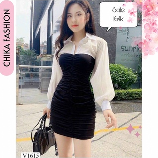 Đầm body, váy đầm dáng ôm sát cổ sơ mi phối đen trắng dài tay siêu hot - chika fashion A05