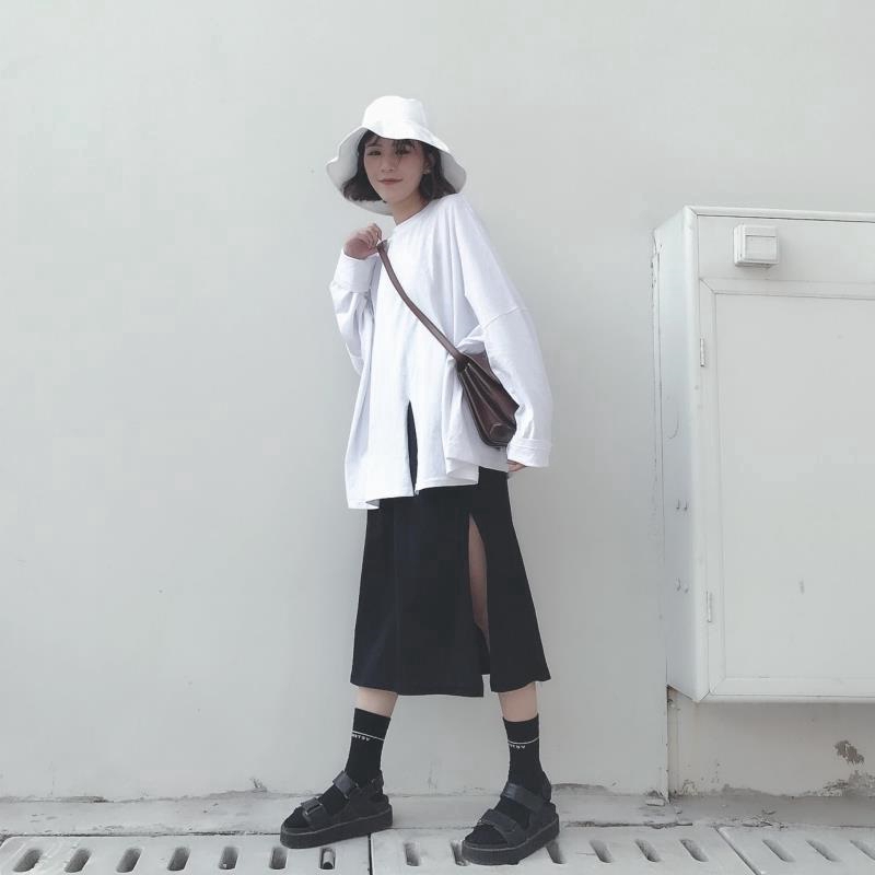 SUXI Áo thun Hàn Quốc dáng rộng dài tay màu trơn