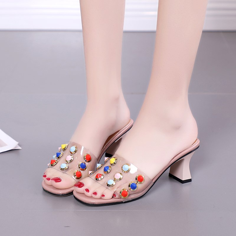 ♤¤☑Slippers Women s Summer Outing Wear Personality Korean Open-toed Transparent One-Piece Drag All-match Willow Nail High Heels Thick Heel Sandals