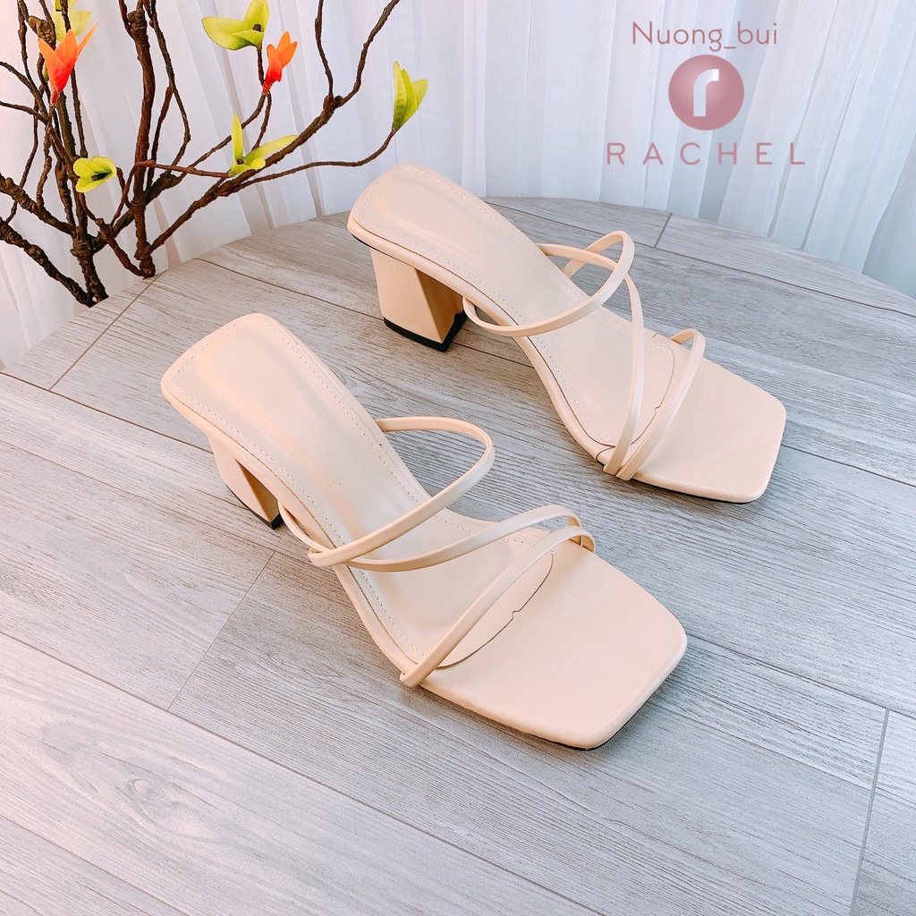 Guốc dép cao gót mũi vuông quai phối dây mảnh cao 7cm - C32