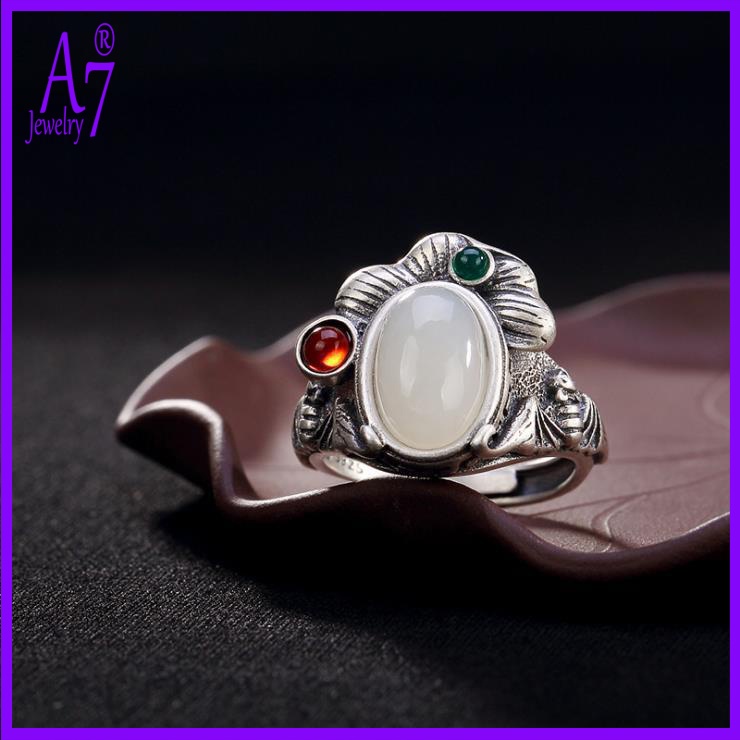 Nhẫn Bạc S925 Mặt Hình Lá Sen Đính Đá Ngọc Bích Trắng Thời Trang Cho Nữ A7 S925