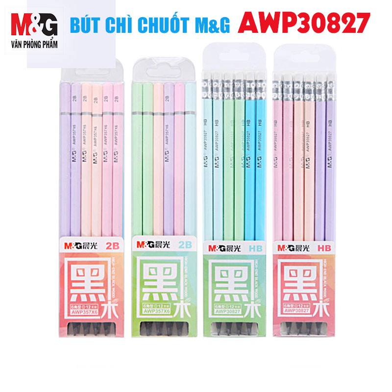 Hộp bút chi chuốt M&amp;G AWP30827 HB màu pastel nhẹ nhàng, có tẩy 12 cây/hộp
