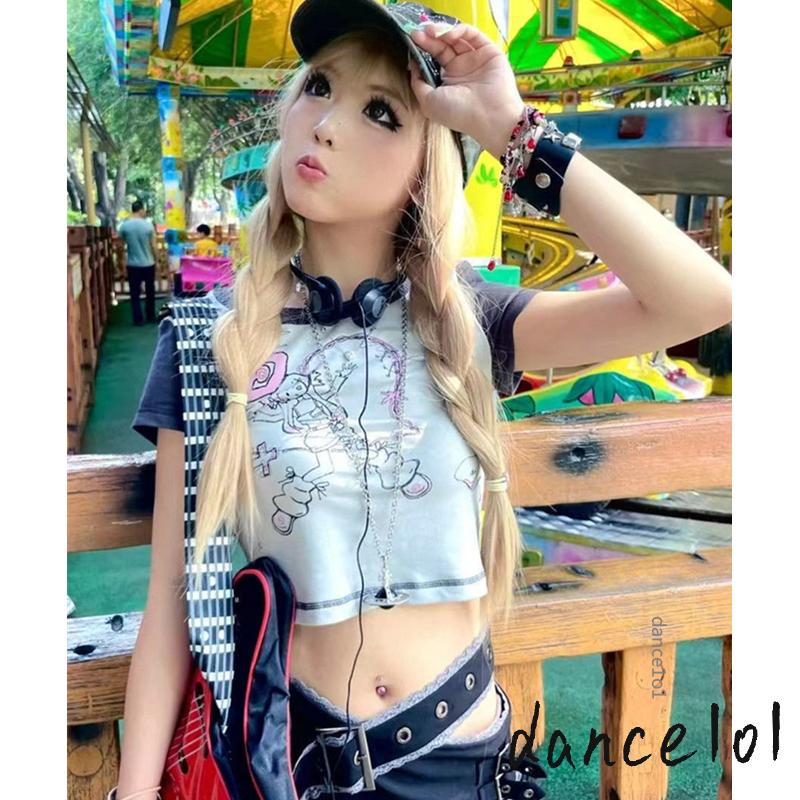 Áo Thun Tay Ngắn dance1o1-Áo Thun Nữ Mẫu Hoạt Hình Kawaii 2000s