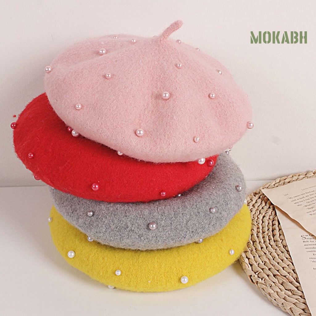 Mũ Beret Đính Ngọc Trai Giả Màu Sắc Trơn Ấm Áp Thời Trang Cho Bé Gái