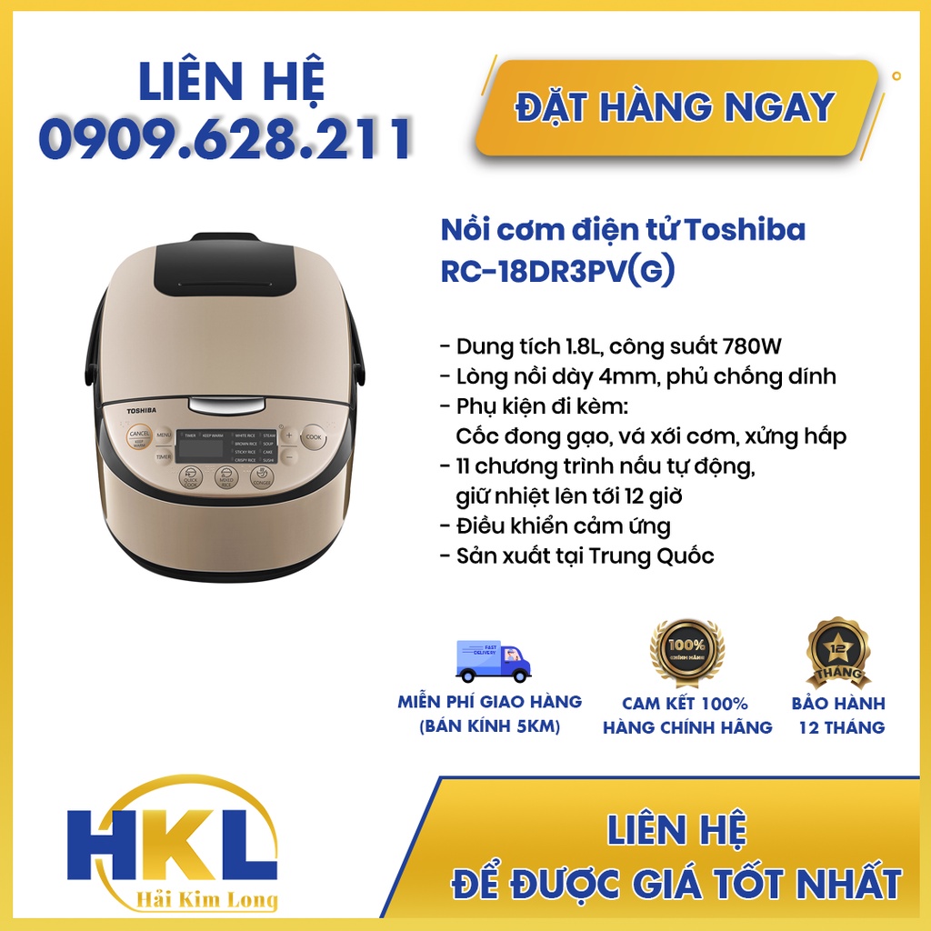 Nồi cơm điện tử Toshiba 1.8 lít RC-18DR3PV(G) vàng đồng-Bảo Hành Chính Hãng