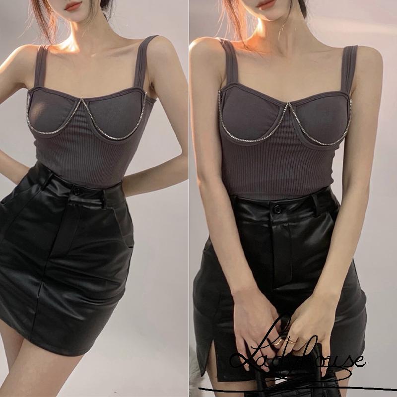 Áo Croptop Không Tay Đệm Mút Màu Trơn Có Dây Xích Kim Loại Cho Nữ