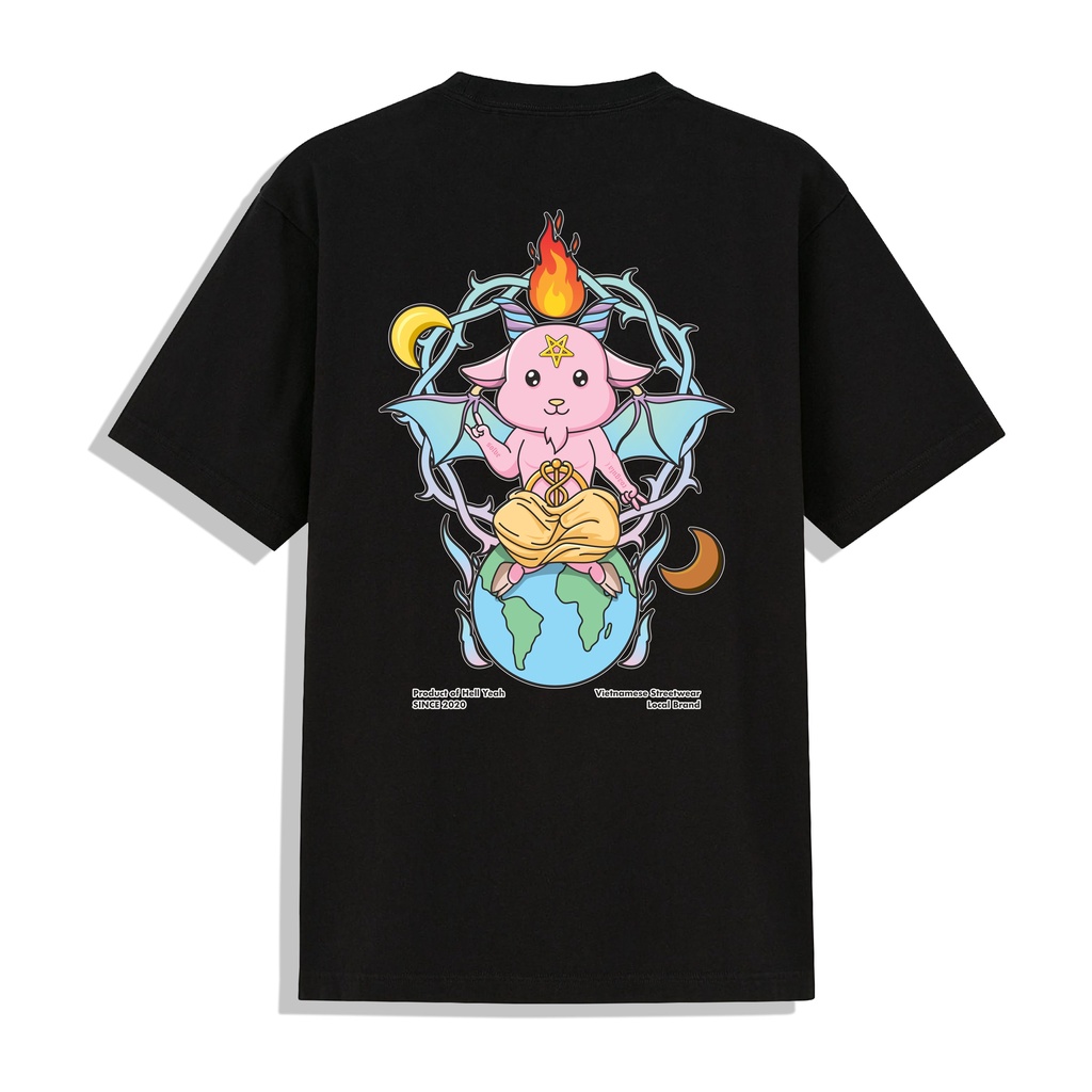 Áo Thun Unisex Tay Lỡ Form Rộng Hình Chibi Baphomet HELLYEAH Design In 2 Mặt