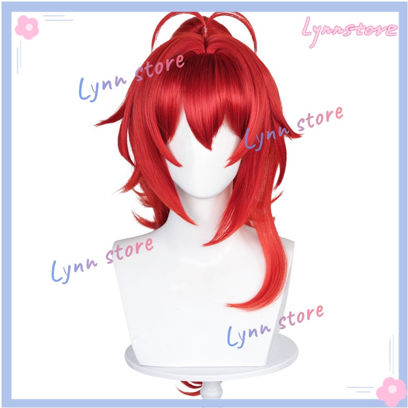 Hoạt hình Genshin Impact Diluc Red High Ponytail New Skin-Silhouettes of the Night Cosplay Halloween Tóc dài Tóc dài đuôi ngựa Cao Cosplay Tóc giả tổng hợp chịu nhiệt