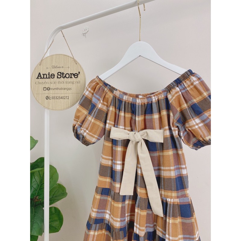 Đầm Nữ Caro Trễ Vai Nơ Ngực 🦋 Váy Nữ Kẻ Ô Dáng Xòe Cộc Tay 🦋