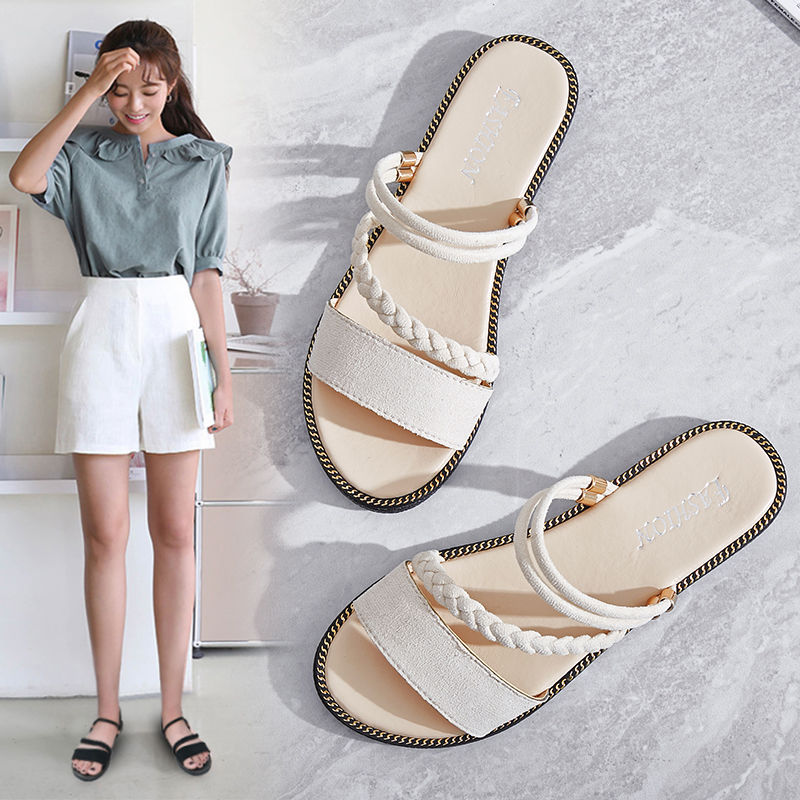 Two Wear--Sandals--Women's--Summer--Korean-Style--New--Open Toe--Flat--Casual--Sandals--Women's---Style--Students--Outer Wear--Slippers--Flat Heel