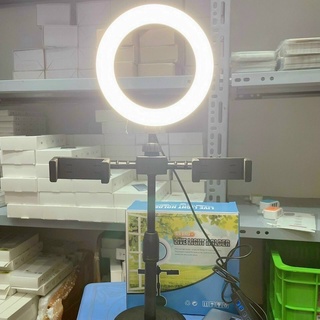 Đèn livestream 3in1 để bàn kẹp 2 điện thoại  Hỗ Trợ livetream Chụp Ảnh Make Up Trang Điểm Có 3 Chế Độ Màu Sáng