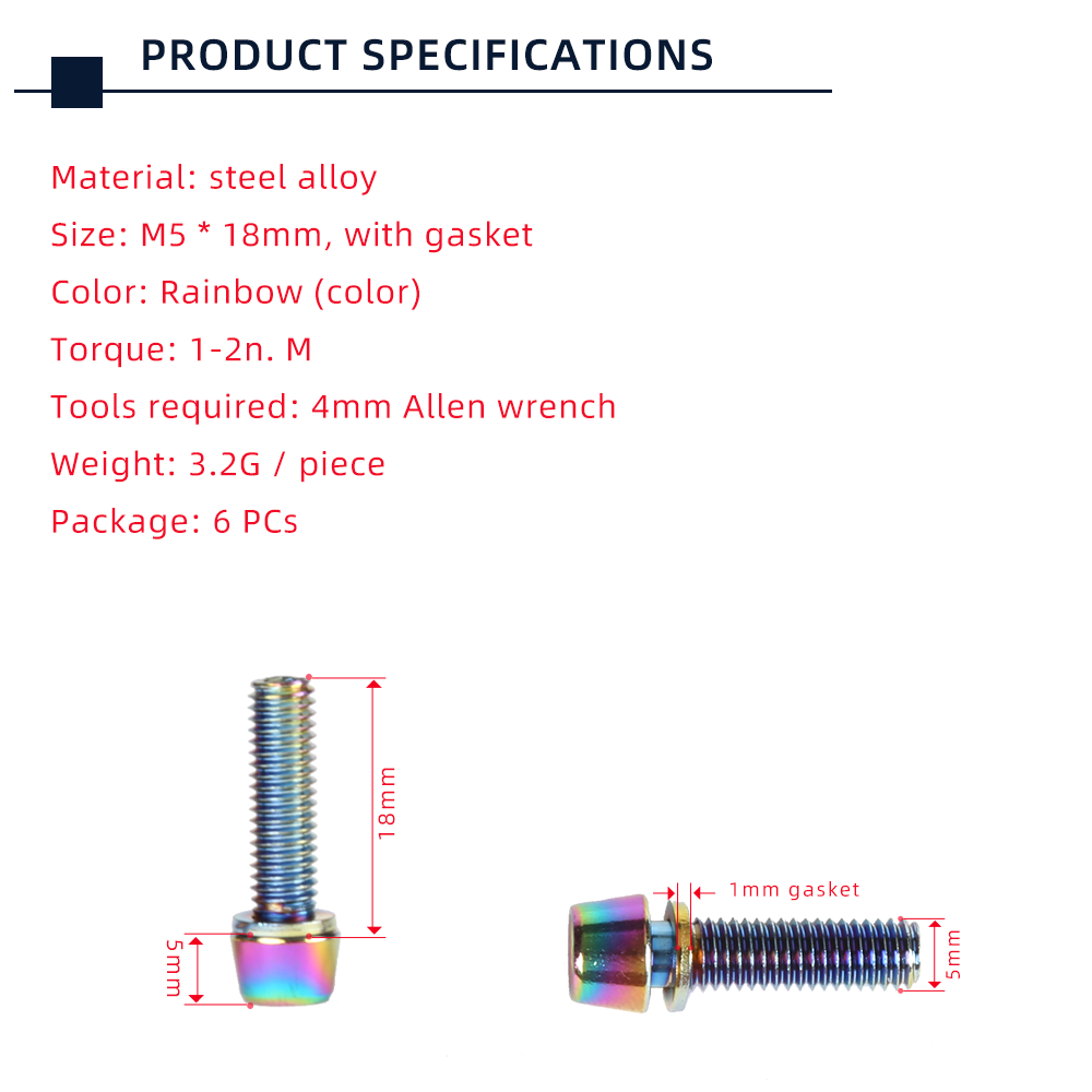 Set 6 ốc vít TANKE M5 * 18/15 có miếng đệm màu cầu vồng cho giá đỡ bình nước trên thân xe đạp leo núi