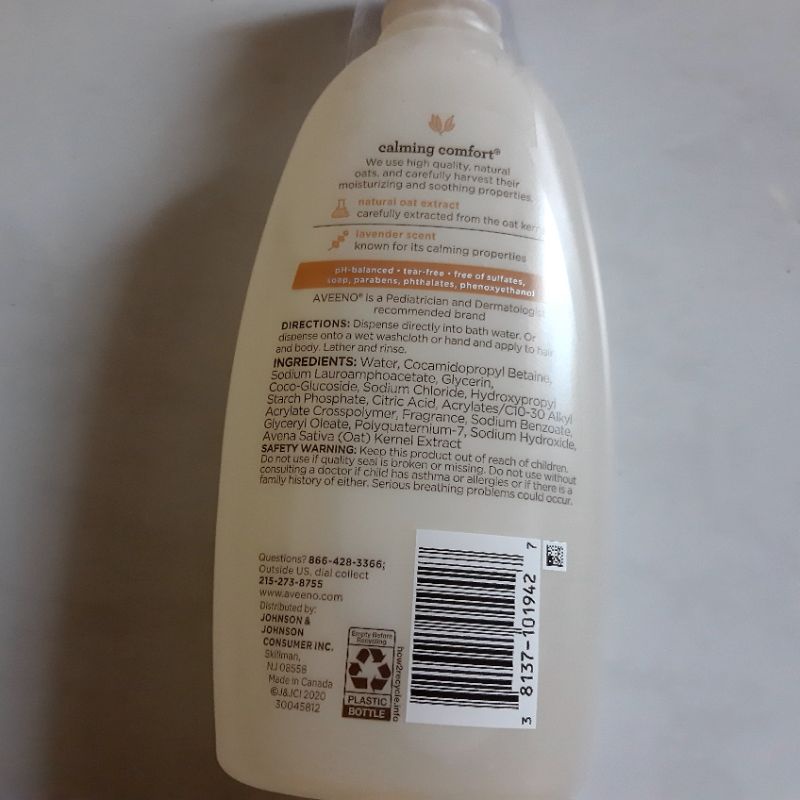 Hsd 31.10.2024.KEM DƯỠNG THỂ CHO BÉ / TẮM LAVENDER Aveeno Baby Calming Comfort Moisturizing Lotion532ml.mẫu mới