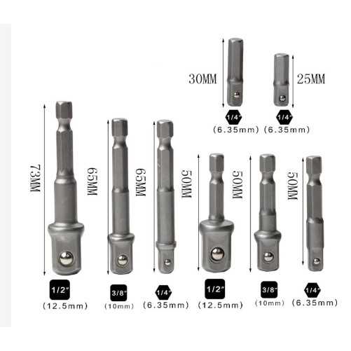 Đầu Chuyển Chuôi Lục Giác Sang Bulong - Bộ 8 đầu chuyển 1/4",3/8",1/2 từ 25-73mm - DCCLGSBL03