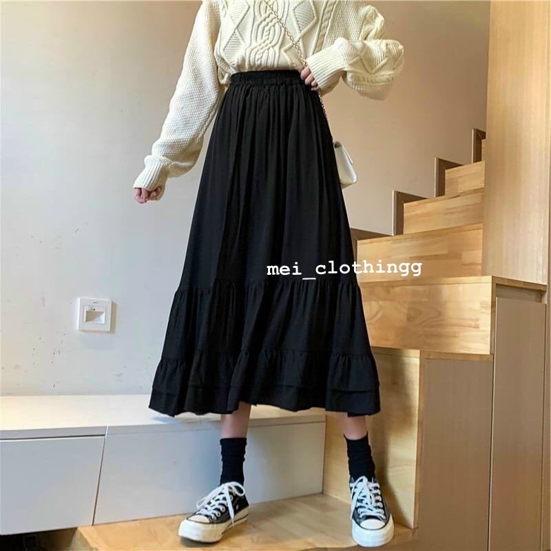 [Ảnh thật/video] Chân váy tầng trắng/đen dày dặn hai lớp/ chân váy basic