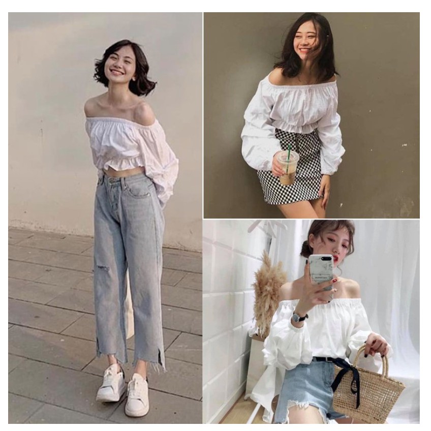 ÁO CROPTOP TRỄ VAI CHẤT LIỆU VOAN LỤA 2 MÀU ĐEN/TRẮNG CO GIÃN 4 CHIỀU SIÊU RẺ Juka Shop