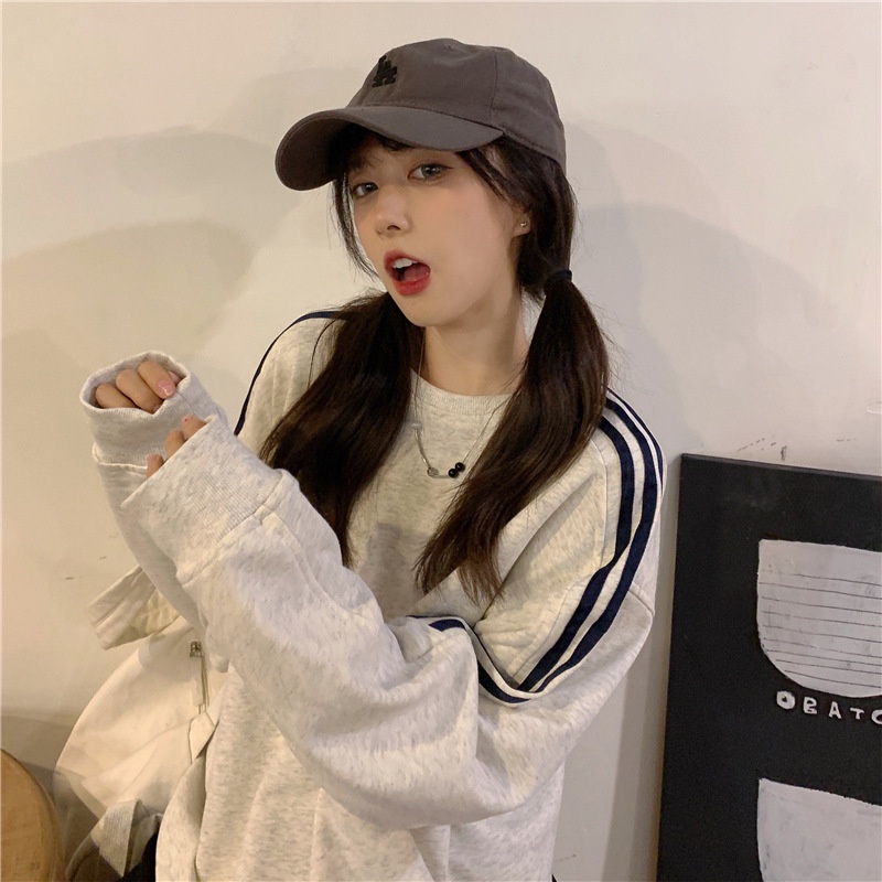 IELGY    Áo Sweater Mỏng Tay Dài Dáng Rộng Kẻ Sọc Xinh Xắn Cho Nữ