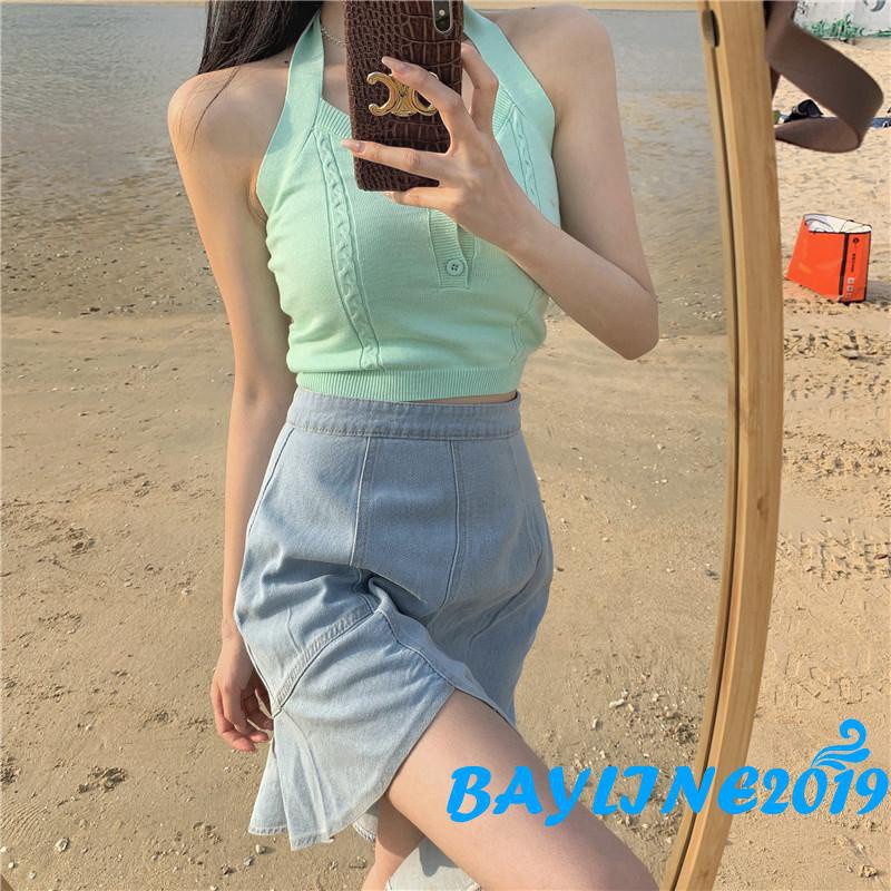 Áo croptop dệt kim không tay hở lưng màu trơn thời trang mùa hè năng động cho nữ 5 màu