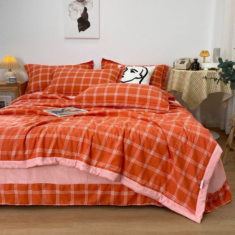 Bộ Chăn Ga Gối Cotton Đũi Kẻ Chăn Trần. Chăn Ga Hè Phong Cách Hàn Quốc