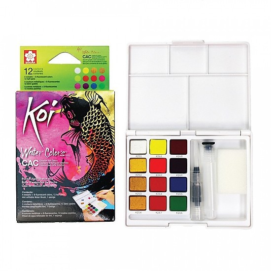 Màu nhũ Sakura Koi CAC set 12/24 màu dạng viên nén tặng kèm cọ nước waterbrush, bọt biển dùng cho vẽ tranh