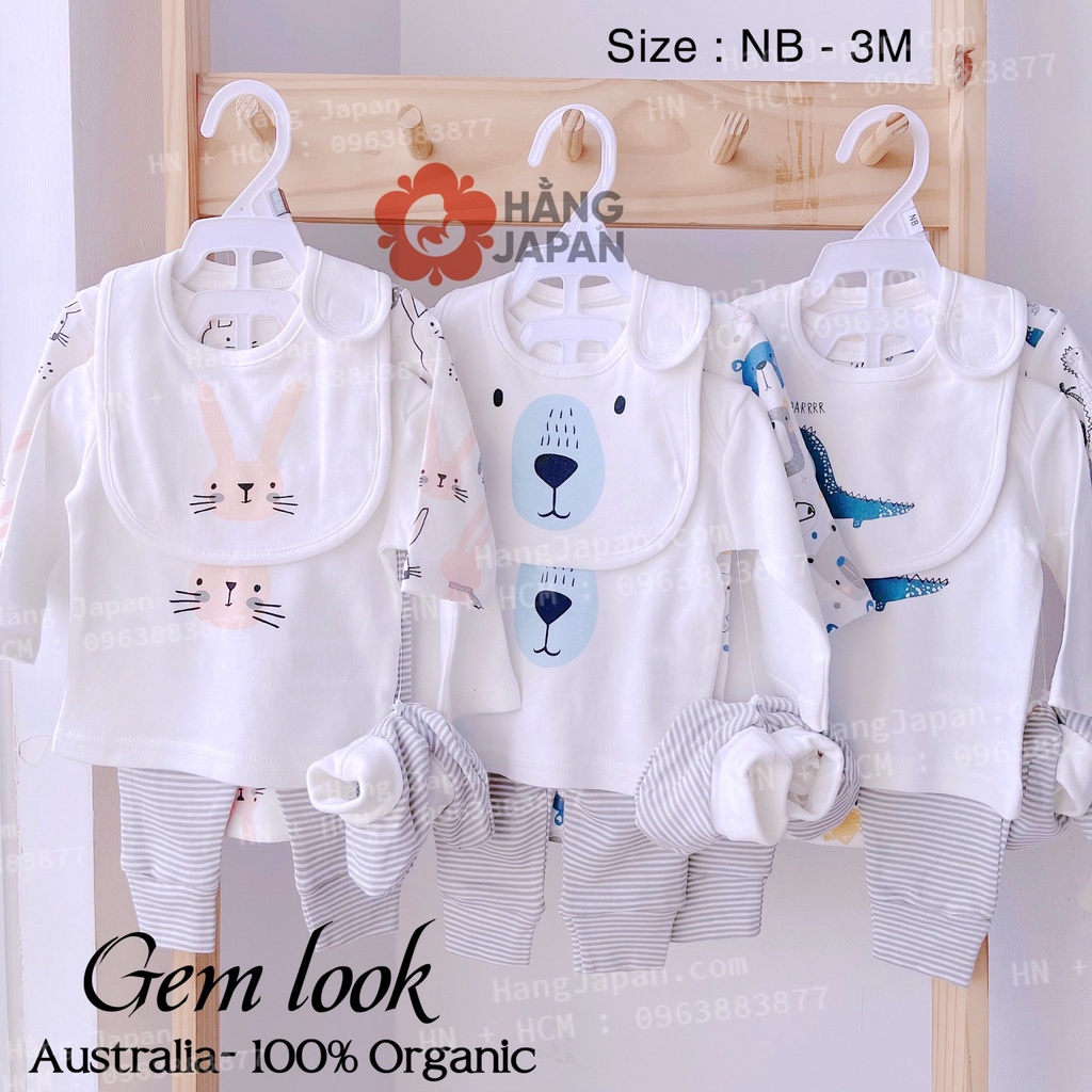 Set body, quần áo Gem Look cho bé tặng kèm mũ yếm bao chân cotton organic hàng Úc