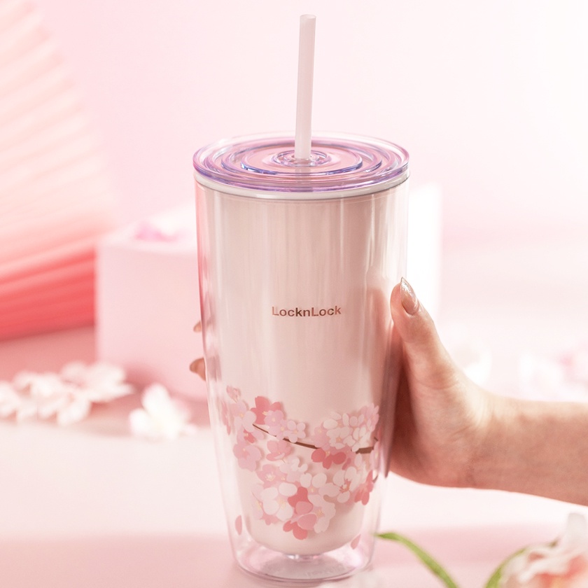 Ly Nhựa 2 lớp Lock&amp;Lock Cherry Blossom Kèm Ống Hút HAP509WHT / HAP509PIK 750ml