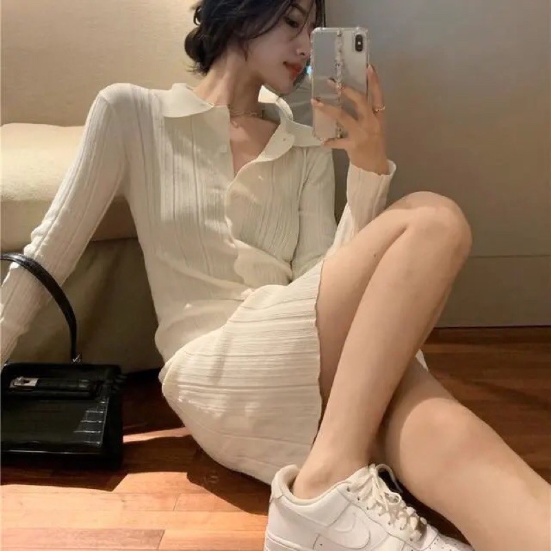 Váy body dài tay trắng dáng ngắn khuy cài có cổ kèm ảnh thật