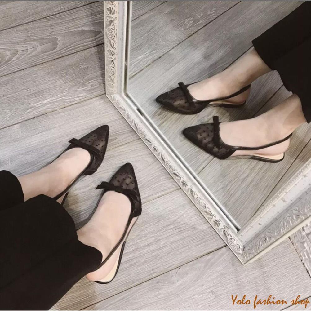 Giày bệt búp bê nữ phối lưới chấm bi thắt nơ điệu đà nữ tính- HG5