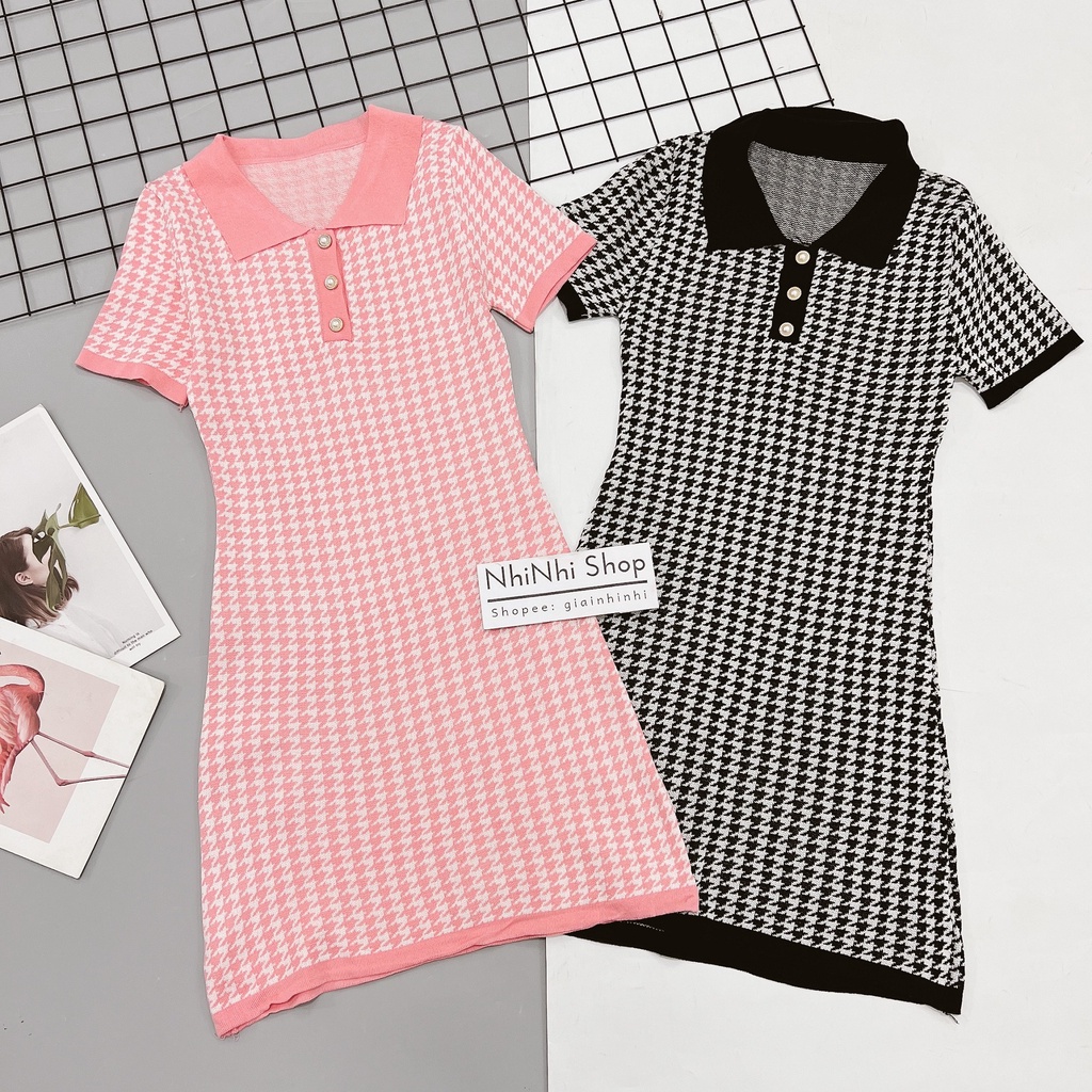 Váy len dáng ôm body cổ bẻ kẻ caro, Đầm len ngắn tay co giãn VS1561 - NhiNhi Shop