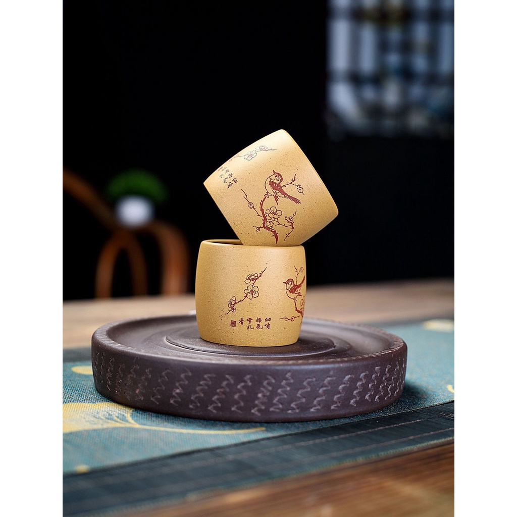 Chén Tử Sa Nghi Hưng 100 ml Họa tiết Chim Cây (Hoàng Kim Đoạn Nê)