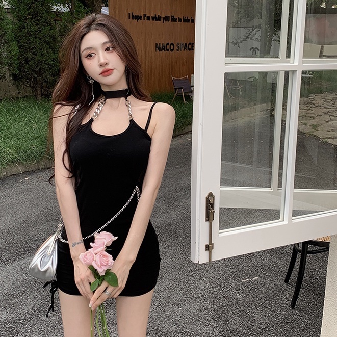 Đầm Hai Dây Màu Đen Co Giãn Thiết Kế Gợi Cảm Thời Trang Hàn Quốc Cho Nữ