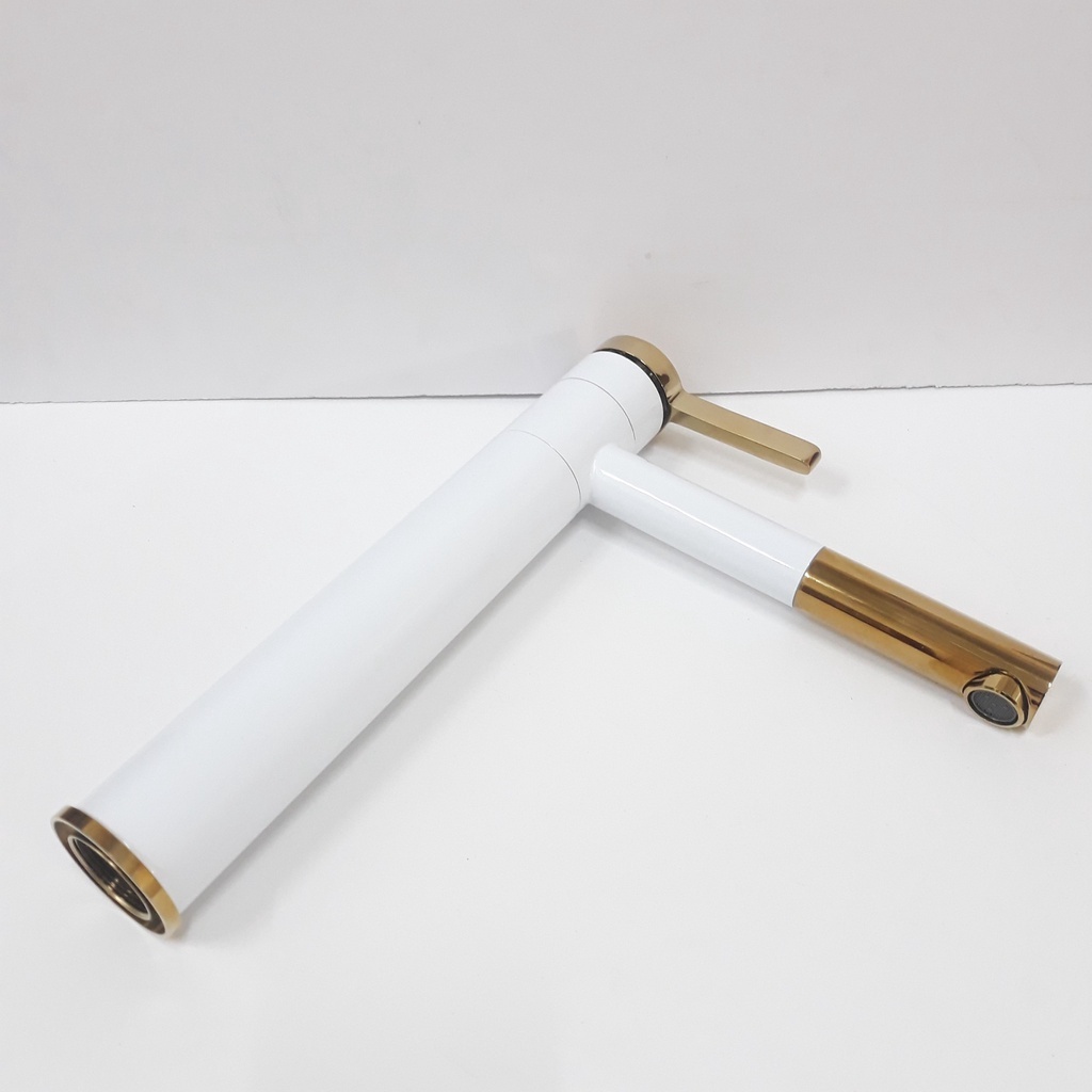 Vòi lavabo nóng lạnh bằng đồng hình trụ tròn 30cm sơn tĩnh điện Trắng Vàng cao cấp