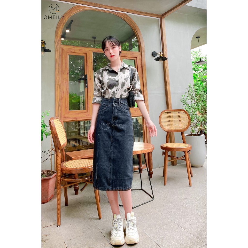 Chân váy suông dài xẻ tà cạp cao đen trơn phong cách Ulzzang Omeily | BigBuy360 - bigbuy360.vn