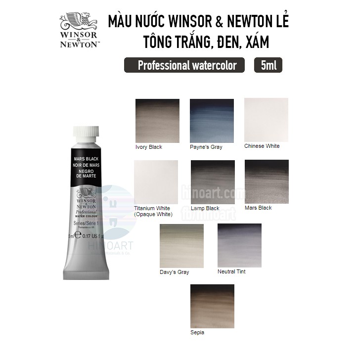 Màu nước lẻ Winsor &amp; Newton Professional Watercolor 5ml tông đen, trắng, xám